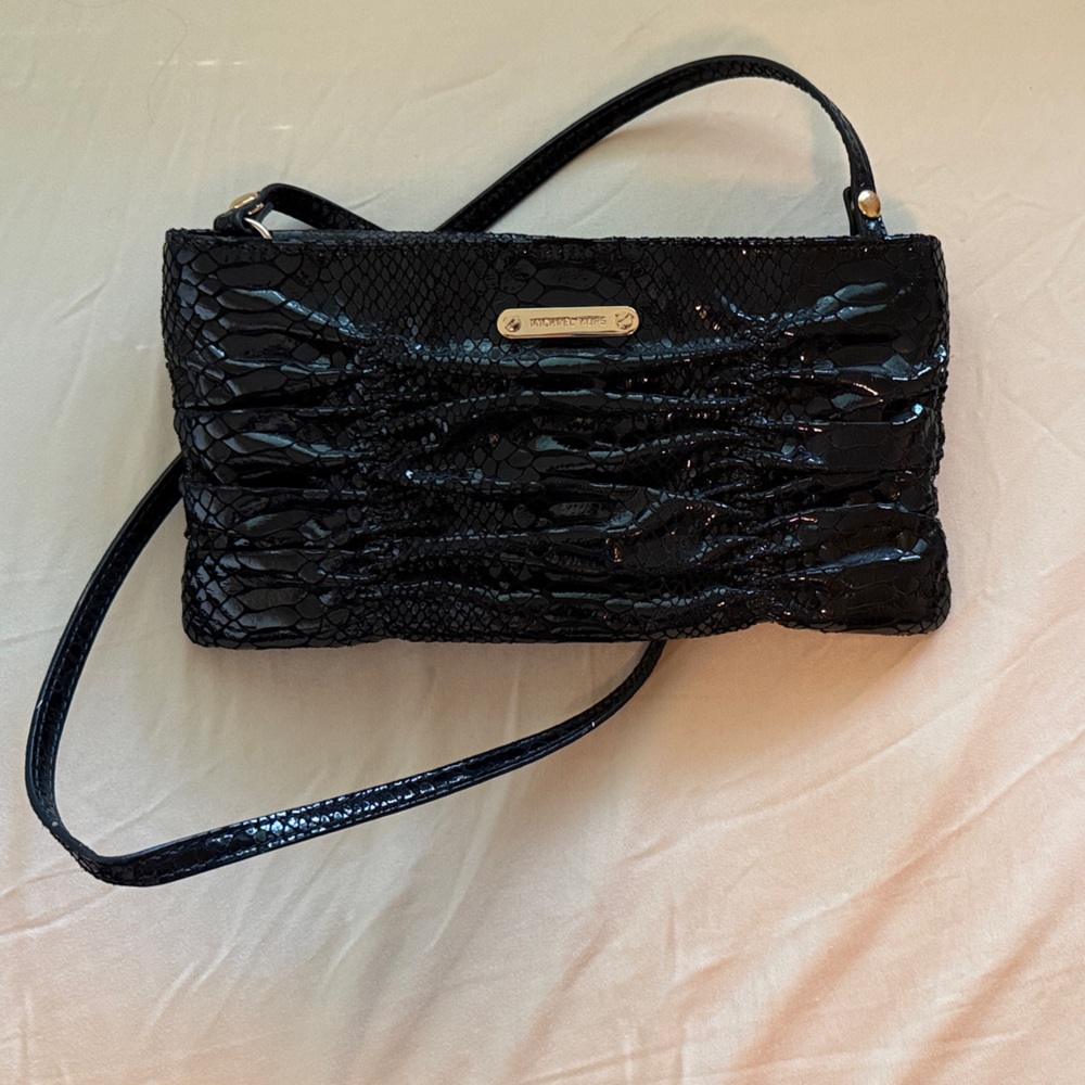 NWOT Michael Kors soft ruched black python embossed clutch